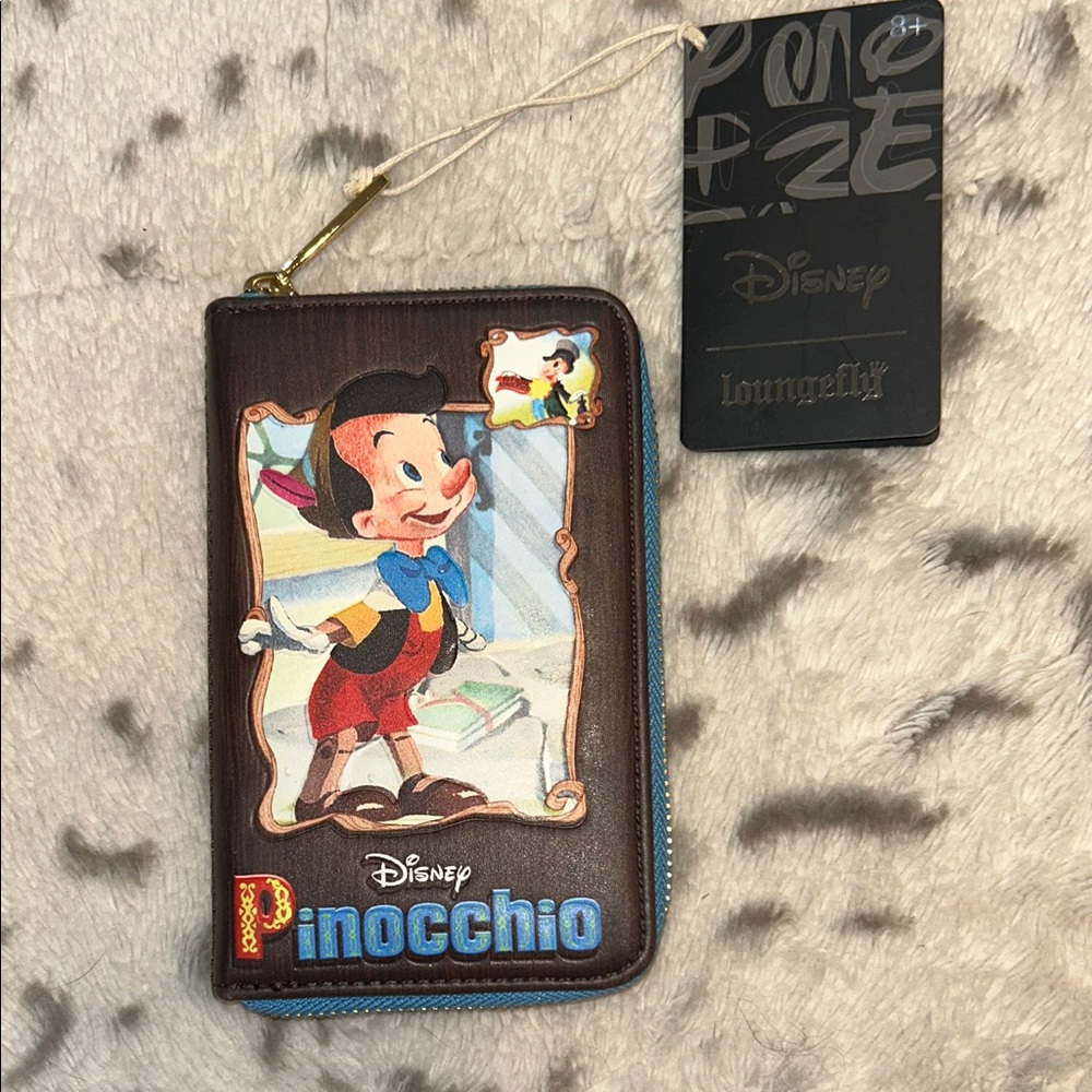 Loungefly Brown Pinocchio  Zip NWT Wallet with Blue and Red Accents